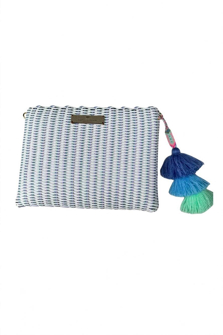 NEW SQUEEZE DE CITRON women's hydrangea lemon drop clutch in white & blue